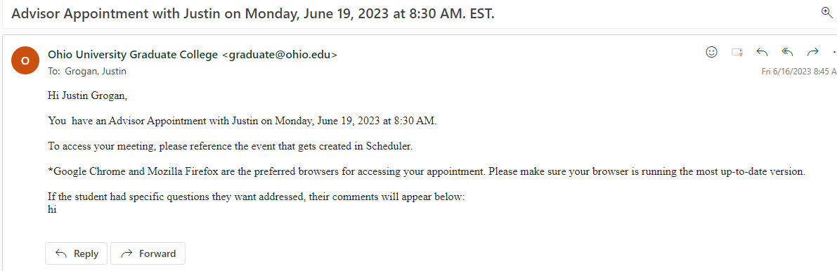 Screenshot of Slate Active Scheduler email notification to advisor