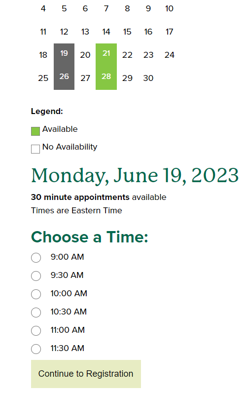 Screenshot of Slate Active Scheduler student facing portal appointment selection