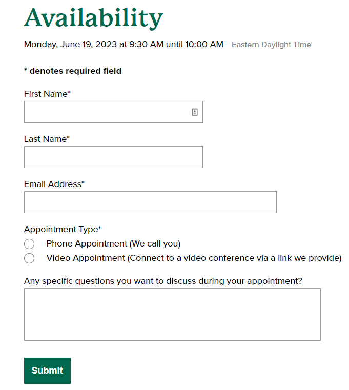 Screenshot of Slate Active Scheduler student facing portal appointment form